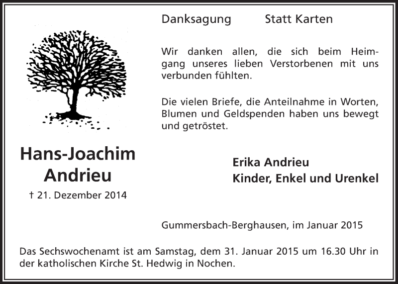  Traueranzeige für Hans-Joachim Andrieu vom 21.01.2015 aus  Anzeigen Echo 