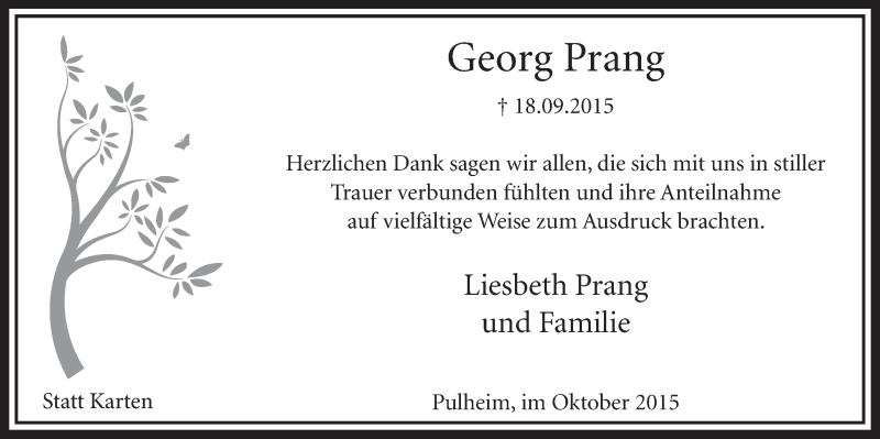  Traueranzeige für Georg Prang vom 31.10.2015 aus  Sonntags-Post 