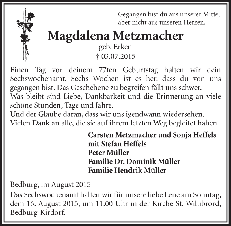  Traueranzeige für Magdalena Metzmacher vom 15.08.2015 aus  Sonntags-Post 