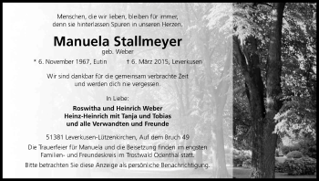 Anzeige von Manuela Stallmeyer von Kölner Stadt-Anzeiger / Kölnische Rundschau / Express