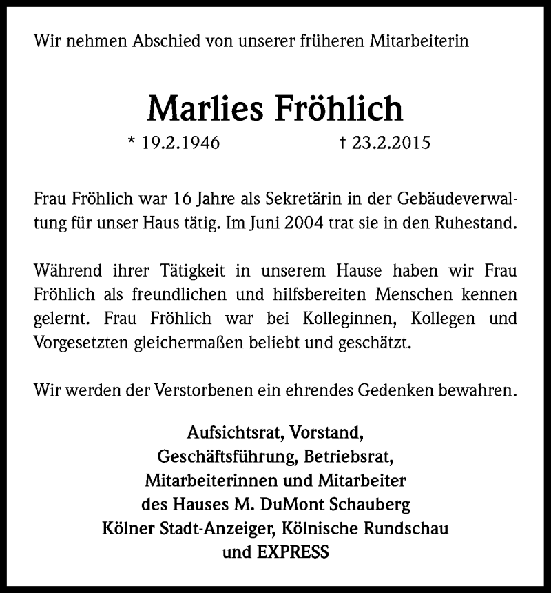  Traueranzeige für Marlies Fröhlich vom 28.02.2015 aus Kölner Stadt-Anzeiger / Kölnische Rundschau / Express