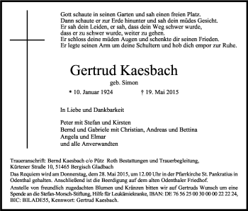 Anzeige von Gertrud Kaesbach von Kölner Stadt-Anzeiger / Kölnische Rundschau / Express