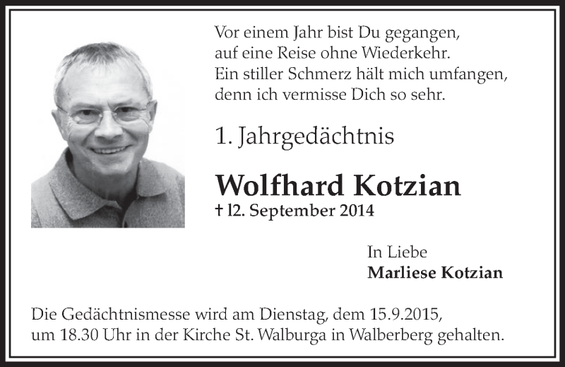  Traueranzeige für Wolfhard Kotzian vom 02.09.2015 aus  Schlossbote/Werbekurier 