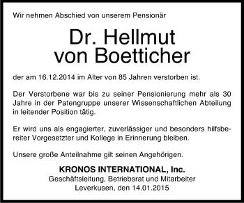 Anzeige von Hellmut von Boetticher von Kölner Stadt-Anzeiger / Kölnische Rundschau / Express