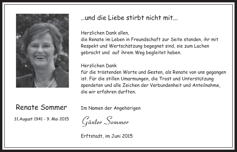  Traueranzeige für Renate Sommer vom 17.06.2015 aus  Werbepost 