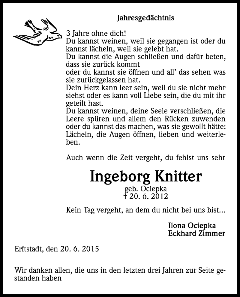  Traueranzeige für Ingeborg Knitter vom 20.06.2015 aus Kölner Stadt-Anzeiger / Kölnische Rundschau / Express