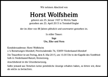 Anzeige von Horst Wolfsheim von Kölner Stadt-Anzeiger / Kölnische Rundschau / Express