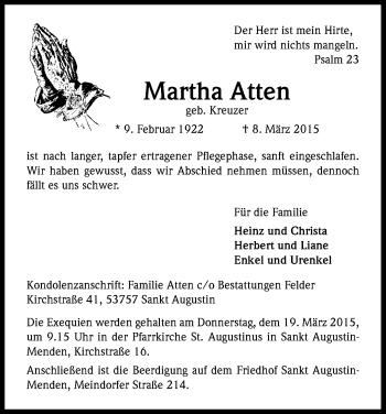 Anzeige von Martha Atten von Kölner Stadt-Anzeiger / Kölnische Rundschau / Express
