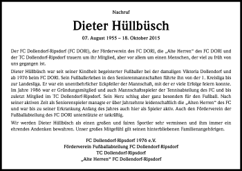 Anzeige von Dieter Hüllbüsch von Kölner Stadt-Anzeiger / Kölnische Rundschau / Express