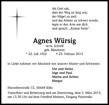 Anzeige von Agnes Würsig von Kölner Stadt-Anzeiger / Kölnische Rundschau / Express