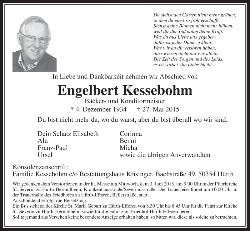  Traueranzeige für Engelbert Kessebohm vom 30.05.2015 aus  Sonntags-Post 