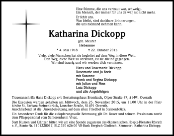Anzeige von Katharina Dickopp von Kölner Stadt-Anzeiger / Kölnische Rundschau / Express