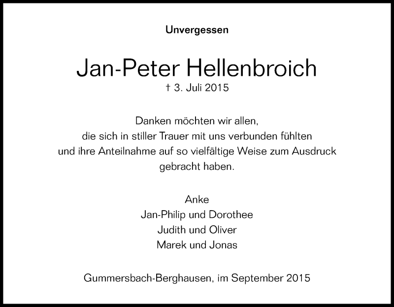  Traueranzeige für Jan-Peter Hellenbroich vom 12.09.2015 aus Kölner Stadt-Anzeiger / Kölnische Rundschau / Express