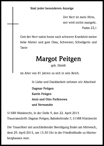 Anzeige von Margot Peitgen von Kölner Stadt-Anzeiger / Kölnische Rundschau / Express