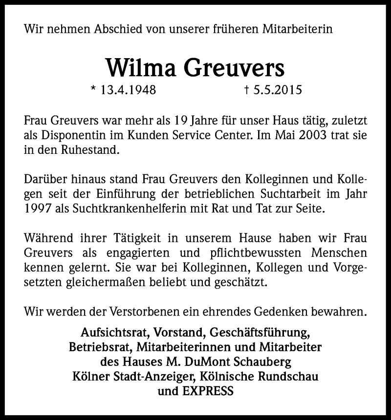  Traueranzeige für Wilma Greuvers vom 09.05.2015 aus Kölner Stadt-Anzeiger / Kölnische Rundschau / Express