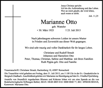 Anzeige von Marianne Otto von Kölner Stadt-Anzeiger / Kölnische Rundschau / Express
