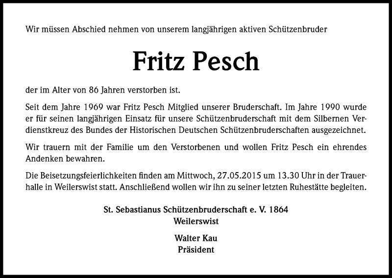  Traueranzeige für Fritz Pesch vom 23.05.2015 aus Kölner Stadt-Anzeiger / Kölnische Rundschau / Express