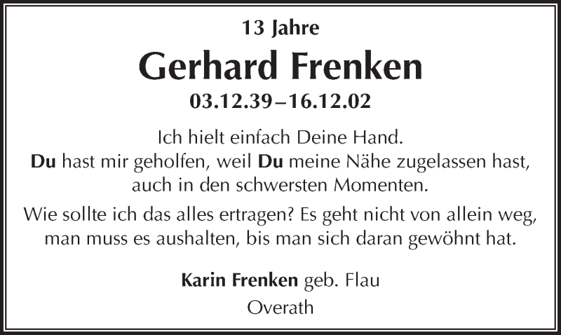  Traueranzeige für Gerhard Frenken vom 16.12.2015 aus  Bergisches Handelsblatt 