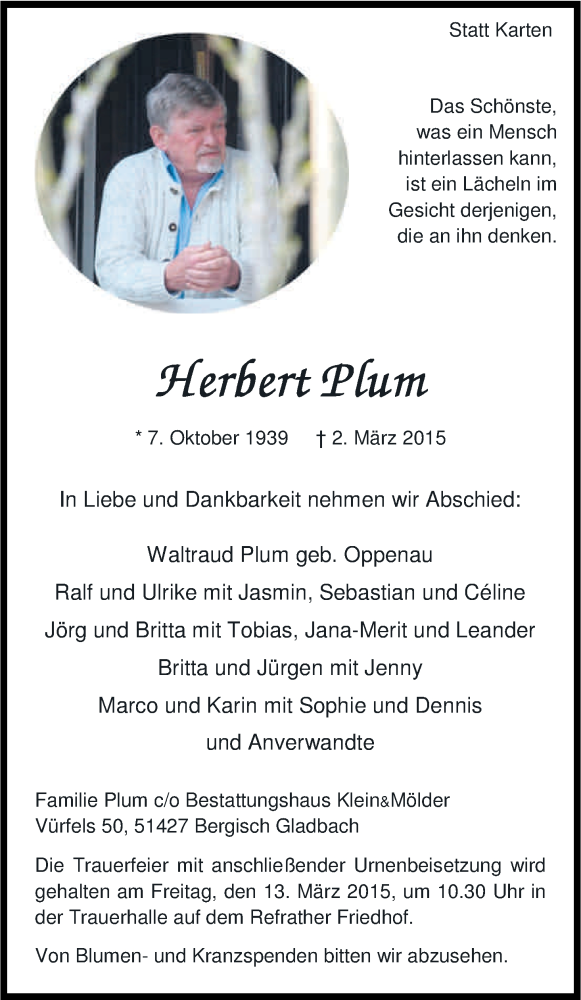  Traueranzeige für Herbert Plum vom 07.03.2015 aus Kölner Stadt-Anzeiger / Kölnische Rundschau / Express