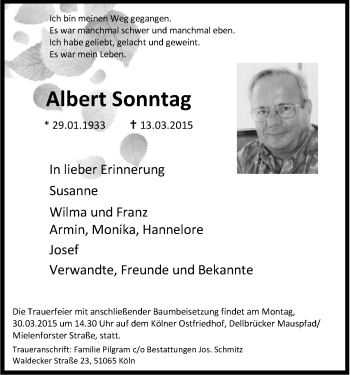Anzeige von Albert Sonntag von Kölner Stadt-Anzeiger / Kölnische Rundschau / Express