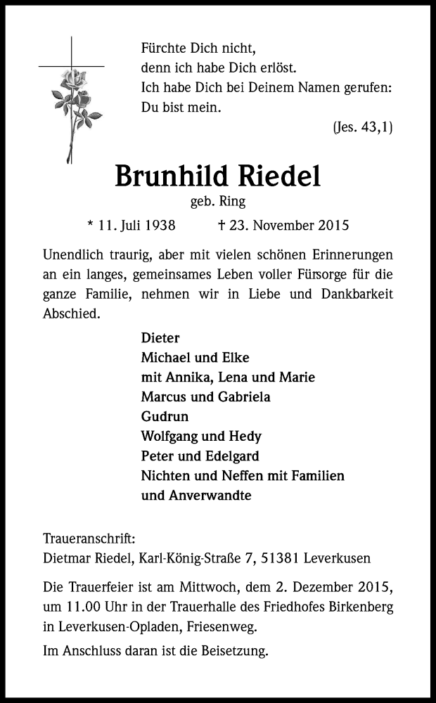 Traueranzeige für Brunhild Riedel vom 28.11.2015 aus Kölner Stadt-Anzeiger / Kölnische Rundschau / Express