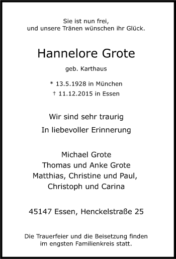 Anzeige von Hannelore Grote von Kölner Stadt-Anzeiger / Kölnische Rundschau / Express