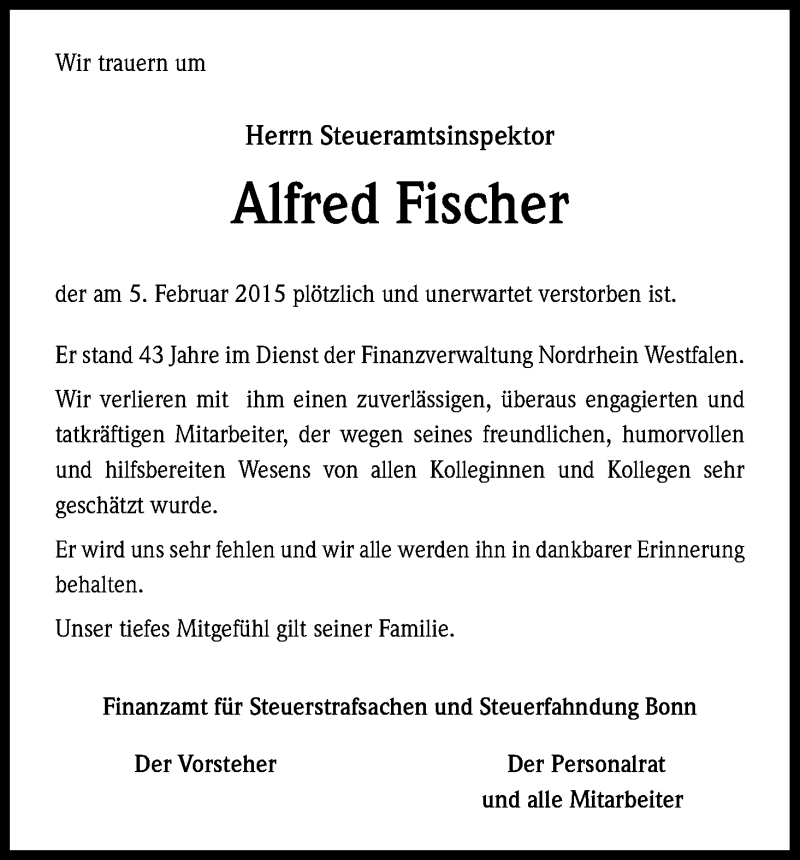  Traueranzeige für Alfred Fischer vom 14.02.2015 aus Kölner Stadt-Anzeiger / Kölnische Rundschau / Express
