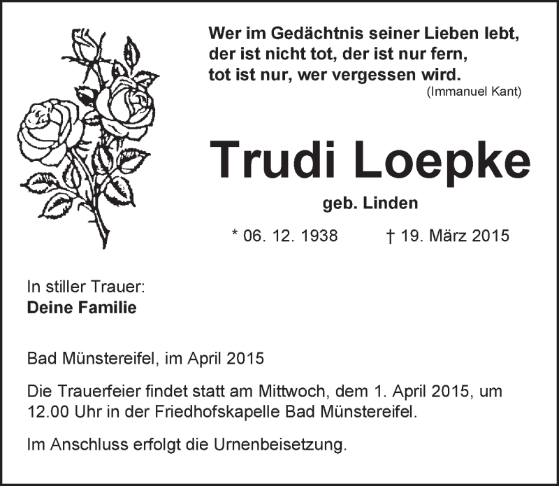  Traueranzeige für Trudi Loepke vom 29.03.2015 aus  Blickpunkt Euskirchen 