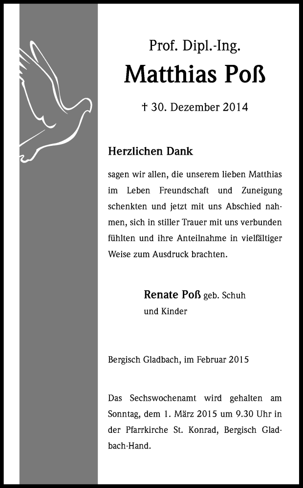  Traueranzeige für Matthias Poß vom 21.02.2015 aus Kölner Stadt-Anzeiger / Kölnische Rundschau / Express