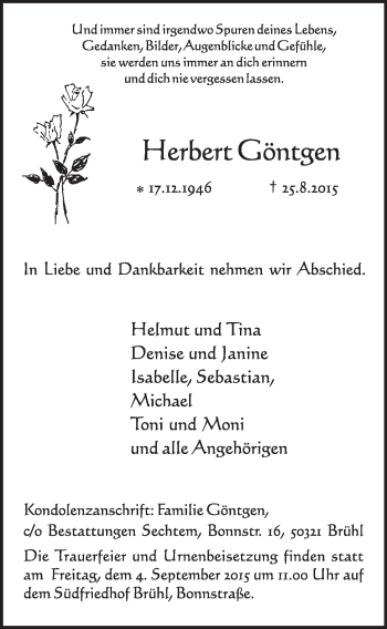 Anzeige von Herbert Göntgen von  Schlossbote/Werbekurier 
