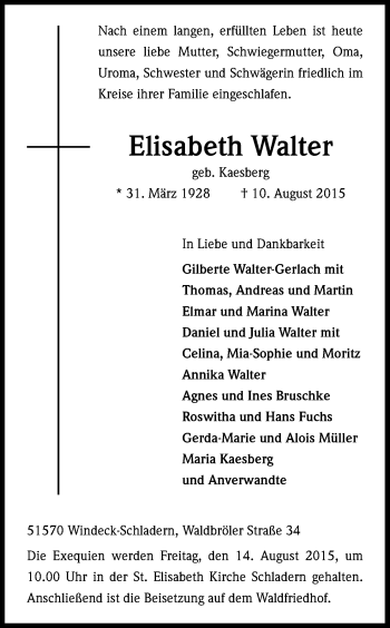 Anzeige von Elisabeth Walter von Kölner Stadt-Anzeiger / Kölnische Rundschau / Express