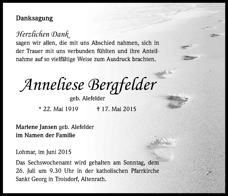  Traueranzeige für Anneliese Bergfelder vom 20.06.2015 aus Kölner Stadt-Anzeiger / Kölnische Rundschau / Express