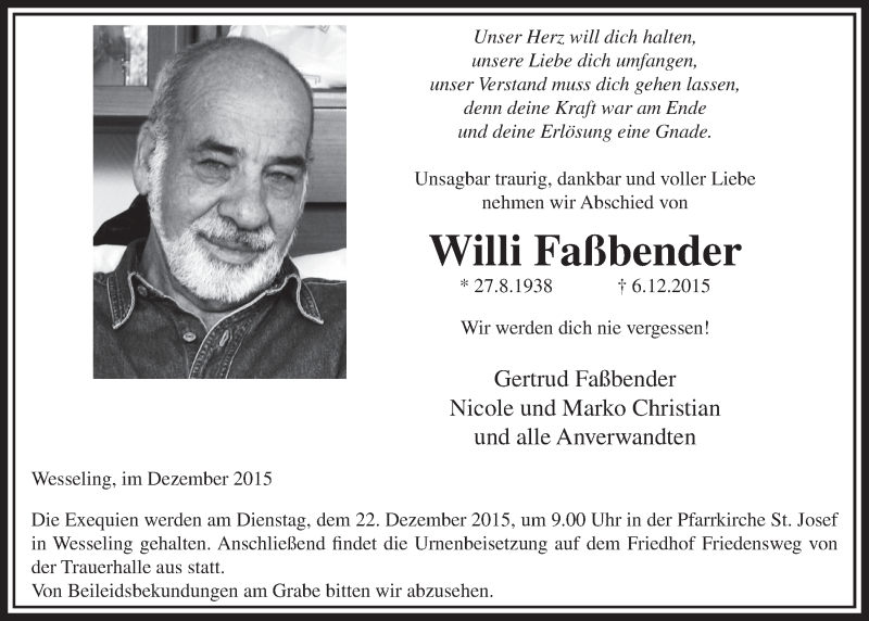  Traueranzeige für Willi Faßbender vom 16.12.2015 aus  Schlossbote/Werbekurier 