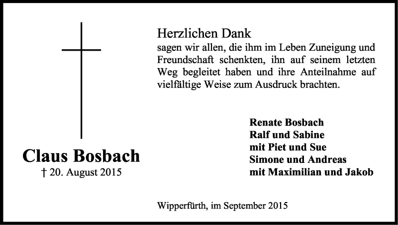  Traueranzeige für Claus Bosbach vom 19.09.2015 aus Kölner Stadt-Anzeiger / Kölnische Rundschau / Express