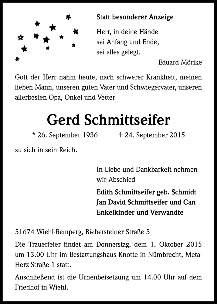  Traueranzeige für Gerd Schmittseifer vom 26.09.2015 aus Kölner Stadt-Anzeiger / Kölnische Rundschau / Express