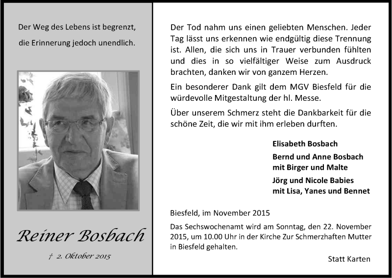  Traueranzeige für Reiner Bosbach vom 14.11.2015 aus Köln - Wir Trauern