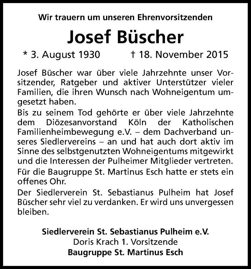  Traueranzeige für Josef Büscher vom 25.11.2015 aus Kölner Stadt-Anzeiger / Kölnische Rundschau / Express