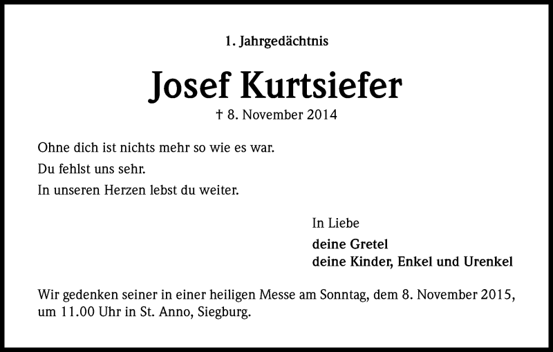  Traueranzeige für Josef Kurtsiefer vom 05.11.2015 aus Kölner Stadt-Anzeiger / Kölnische Rundschau / Express