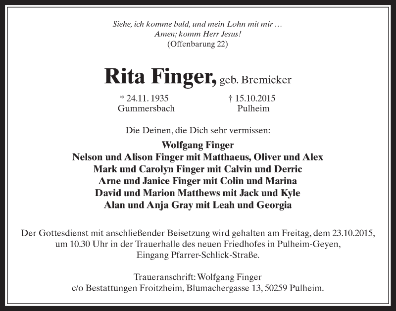  Traueranzeige für Rita Finger vom 21.10.2015 aus  Wochenende 