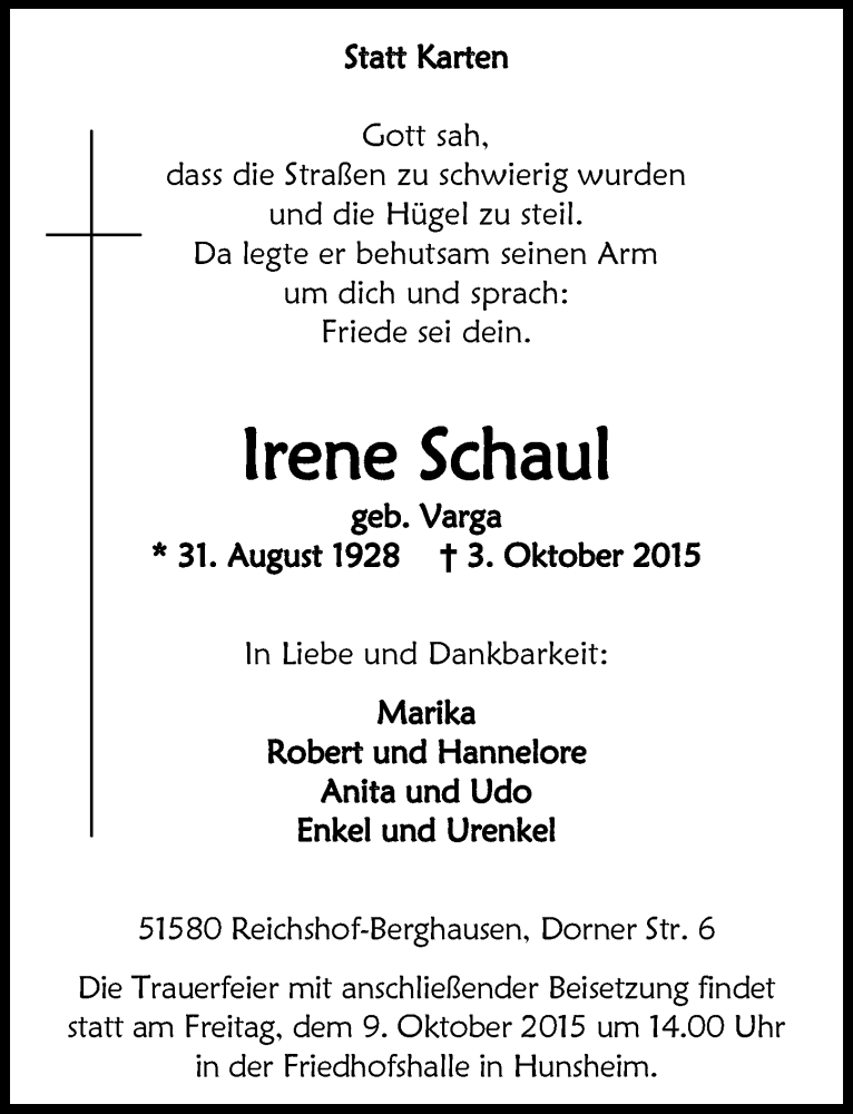  Traueranzeige für Irene Schaul vom 07.10.2015 aus  Anzeigen Echo 
