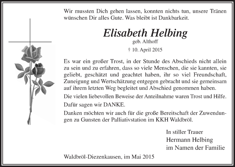  Traueranzeige für Elisabeth Helbing vom 27.05.2015 aus  Lokalanzeiger 