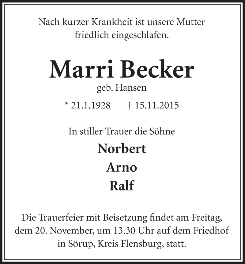  Traueranzeige für Marri Becker vom 18.11.2015 aus  Schlossbote/Werbekurier 