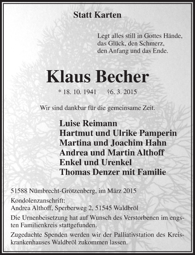  Traueranzeige für Klaus Becher vom 25.03.2015 aus  Lokalanzeiger 