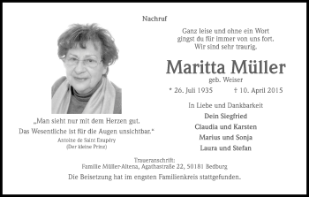 Anzeige von Maritta Müller von Kölner Stadt-Anzeiger / Kölnische Rundschau / Express