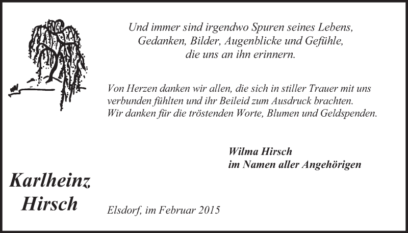  Traueranzeige für Karlheinz Hirsch vom 11.02.2015 aus  Werbepost 