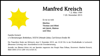 Anzeige von Manfred Kreisch von Kölner Stadt-Anzeiger / Kölnische Rundschau / Express