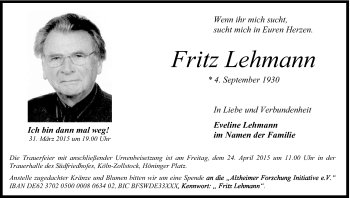 Anzeige von Fritz Lehmann von Kölner Stadt-Anzeiger / Kölnische Rundschau / Express