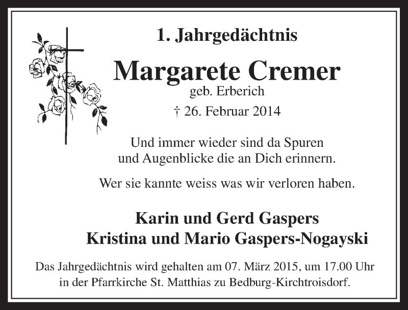  Traueranzeige für Margarete Cremer vom 04.03.2015 aus  Werbepost 