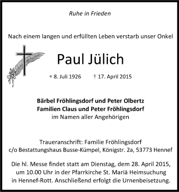 Anzeige von Paul Jülich von Kölner Stadt-Anzeiger / Kölnische Rundschau / Express