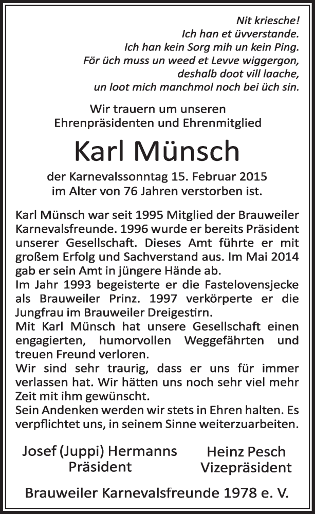  Traueranzeige für Karl Münsch vom 21.02.2015 aus  Sonntags-Post 